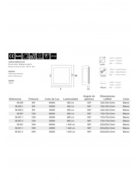 Downlight cuadrado 18W empotrar 6000K
