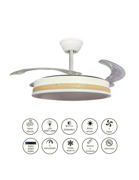 Ventilador retráctil Vera blanco Madera natural