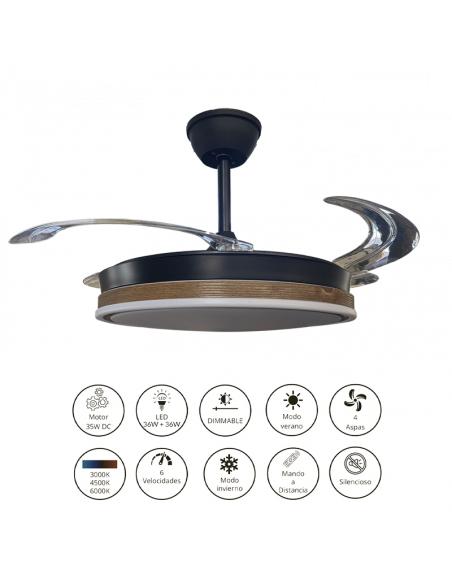 Ventilador retráctil Vera Negro Madera Oscura